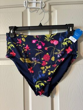 Lands' End Navy High-Waisted Bikini Bottoms with Bright Floral Print